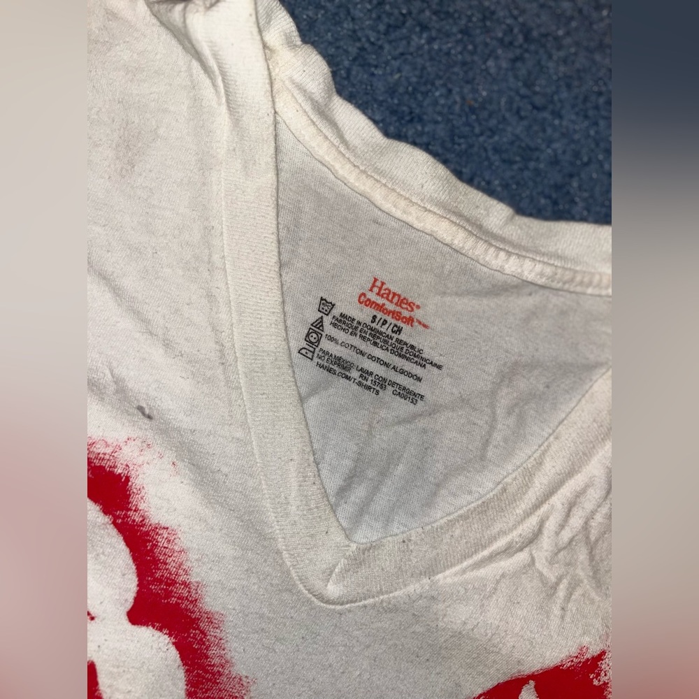 White with Painted Red Cherries TShirt Vneck- Small - Picture 2 of 2